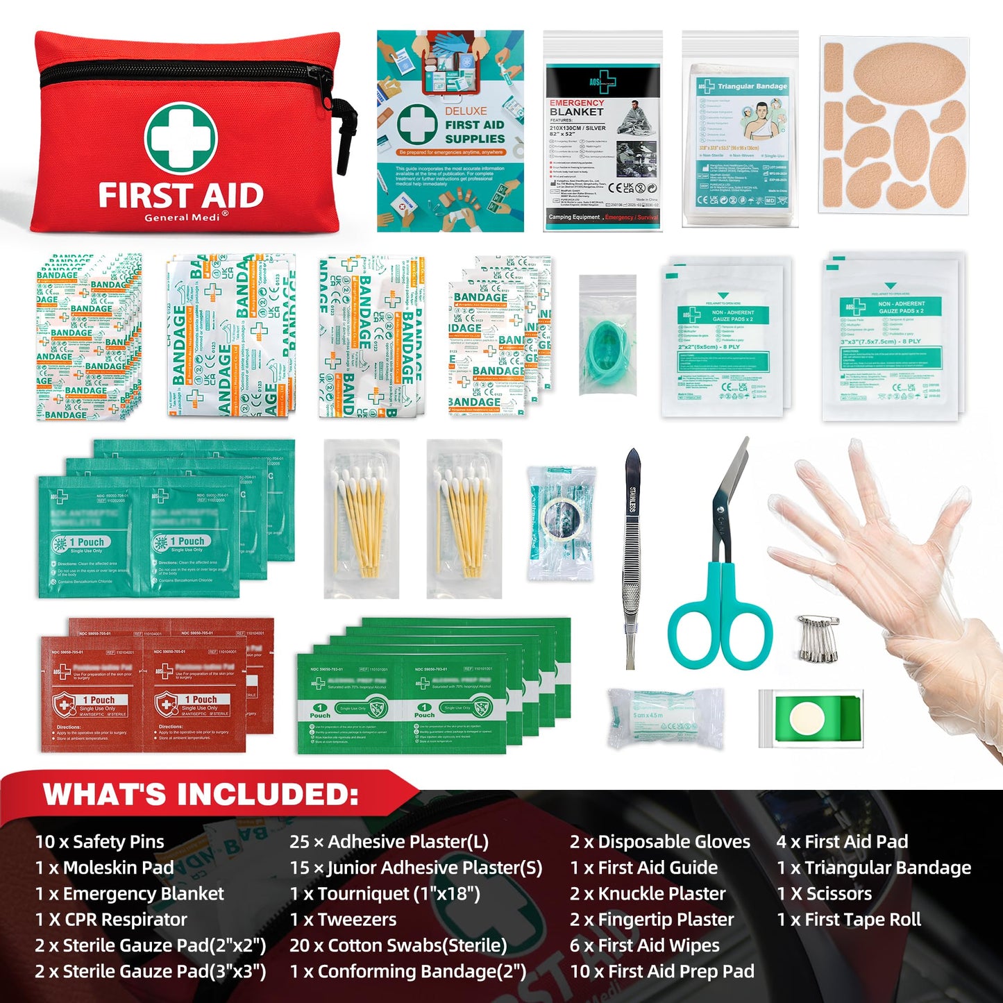 General Medi Mini First Aid Kit, 110 Piece Small First Aid Kit - Includes Emergency Foil Blanket, Scissors for Travel, Home, Office, Vehicle, Camping, Workplace & Outdoor (Red)