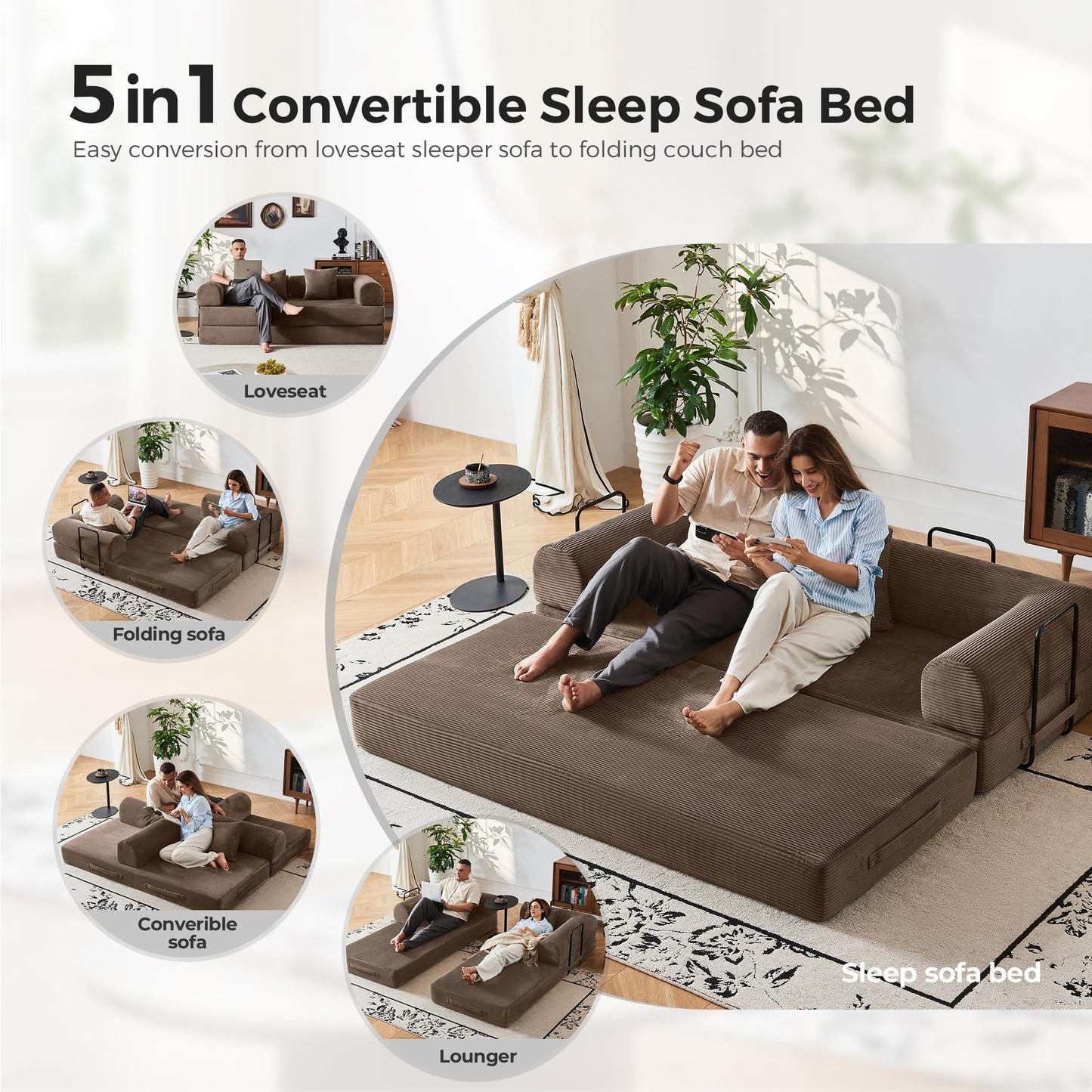 Bsxupke 5-in-1 Convertible Sofa Bed | 79" Fixed Frame with High-Resilience Memory Foam, Easy Setup | Durable Corduroy Converts to Full Bed, Great for Family Living Room (Brown)