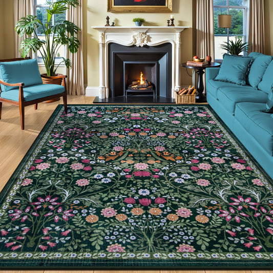 8x10 Area Rugs for Living Room: Floral Washable Rug Vintage Large Soft Boho Non-Slip Carpet Indoor Floor Stain Resistant Carpets for Bedroom Dining Room Farmhouse Nursery Home Office Dark Green