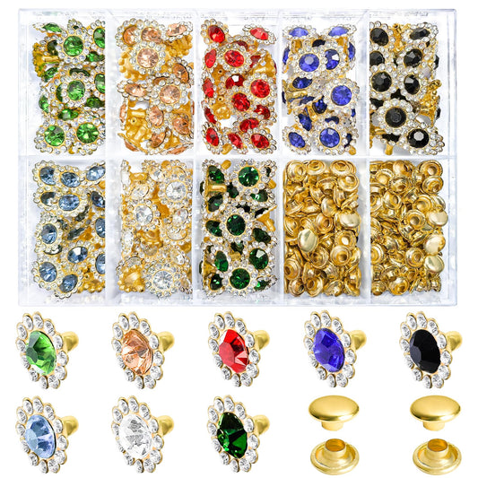 160 Sets Colorful Rhinestone Rivets 11mm Flower Rhinestone Stud Leather Rivets for DIY Bags, Belts, Jackets, Leather Art and Crafts
