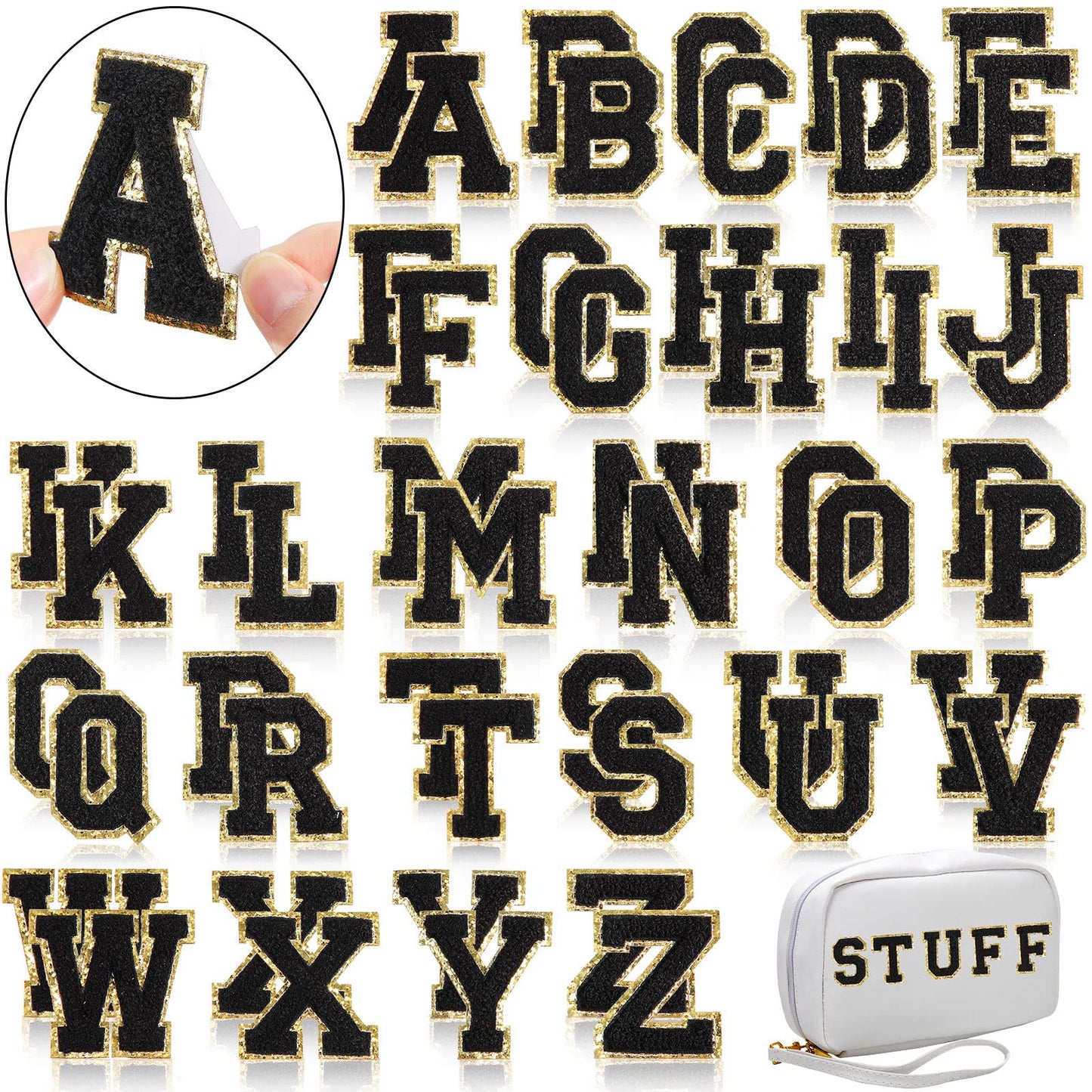WILLBOND 52 Pcs Chenille Letter Patches A-Z, Self Adhesive Alphabet Patches for Clothes, Bags, Hats DIY, Name Craft & Personalized Best Mom Groovy Wedding Gifts(Black,2.2 Inch)
