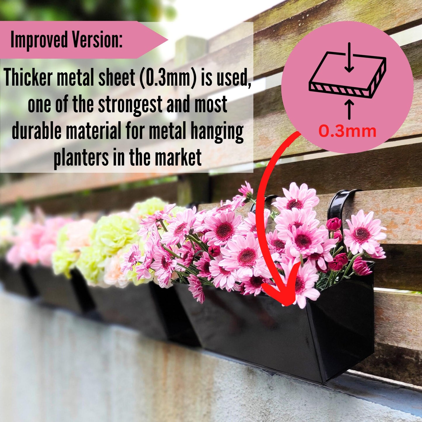 LaLaGreen Railing Planter Box (6 Pack, 12 Inch) Outdoor Black Metal Rectangle Strawberry Hanging Bucket Balcony Garden Fence Deck Flower Pots Boho Countryside Style Patio Living Wall Window Sill Decor