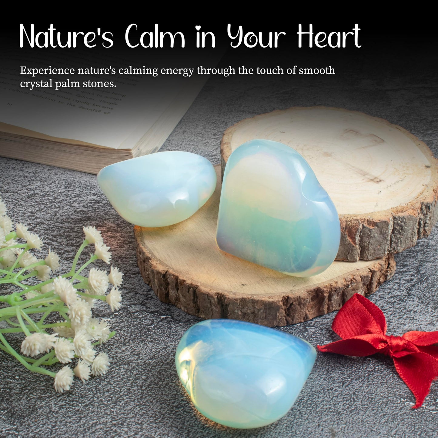 Crocon 50mm Opalite Heart stone Big Heart Shape Puff Stones Set 450+ Carats Pocket Crystal Healing Tumble Collection Palm Worry Stone Good Luck Charm Meditation Gift Craft Home Decor
