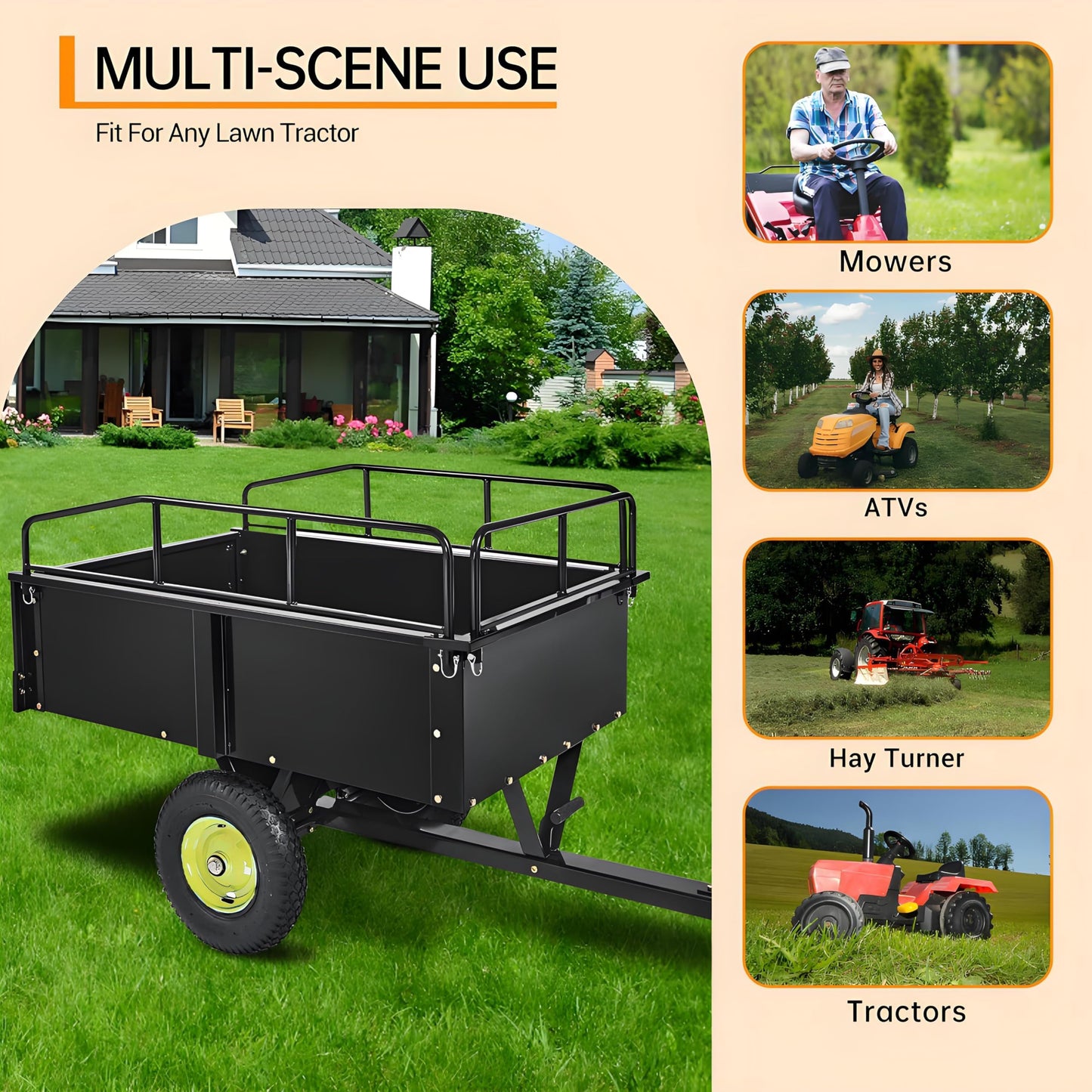 Utility Trailer - 750LBS Capacity Lawn Mower Cart with Removable Sides,15 Cu.Ft Steel Lawn Mower Trailer,Universal Hitch for ATV, UTV, Lawn Tractor, Riding Mower - for Garden, Yard Hauling and Farm