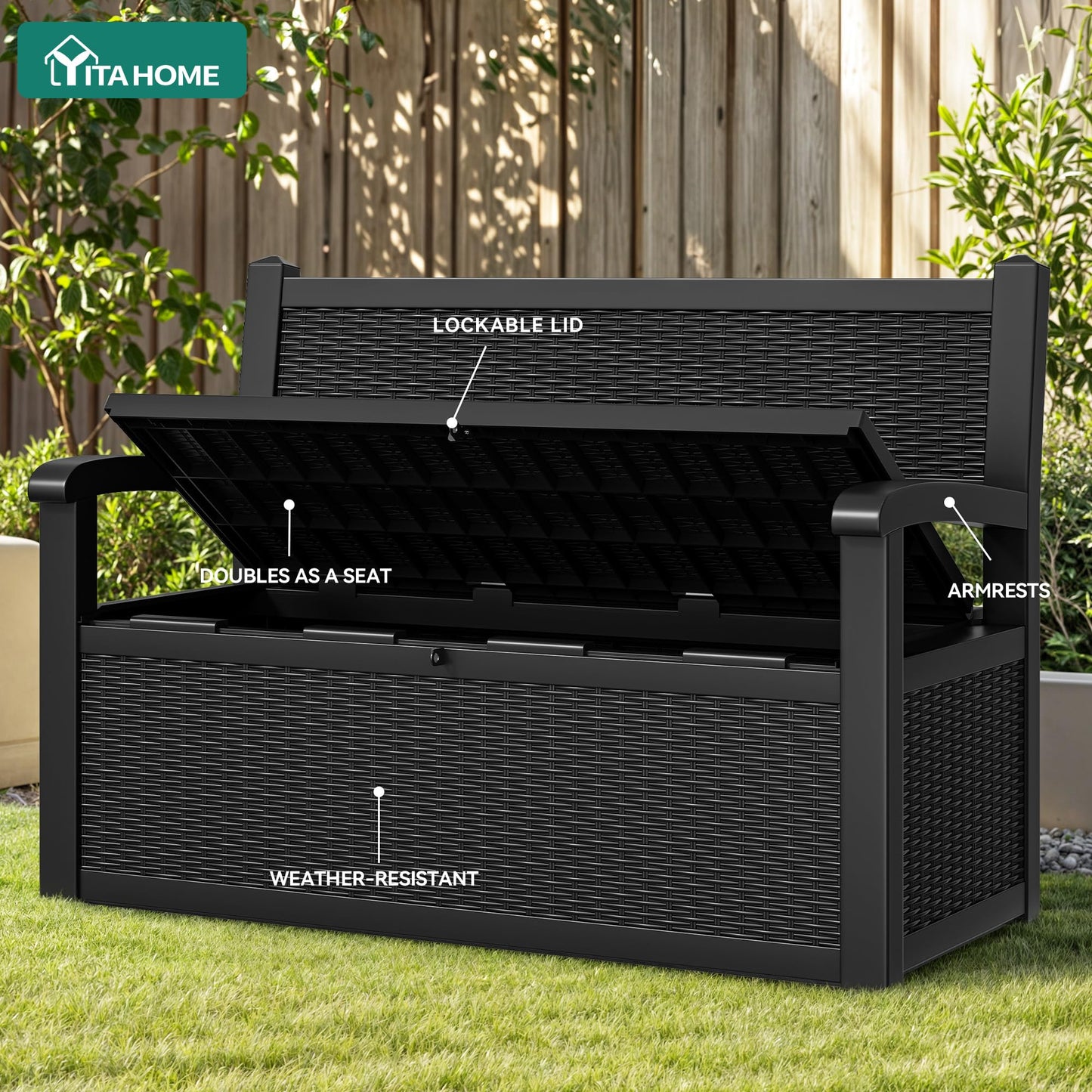 YITAHOME 70 Gallon Deck Bench with Storage, Outdoor Storage Box Bench with Armrests for Patio Garden Pool Porch, Waterproof&Lockable, Black