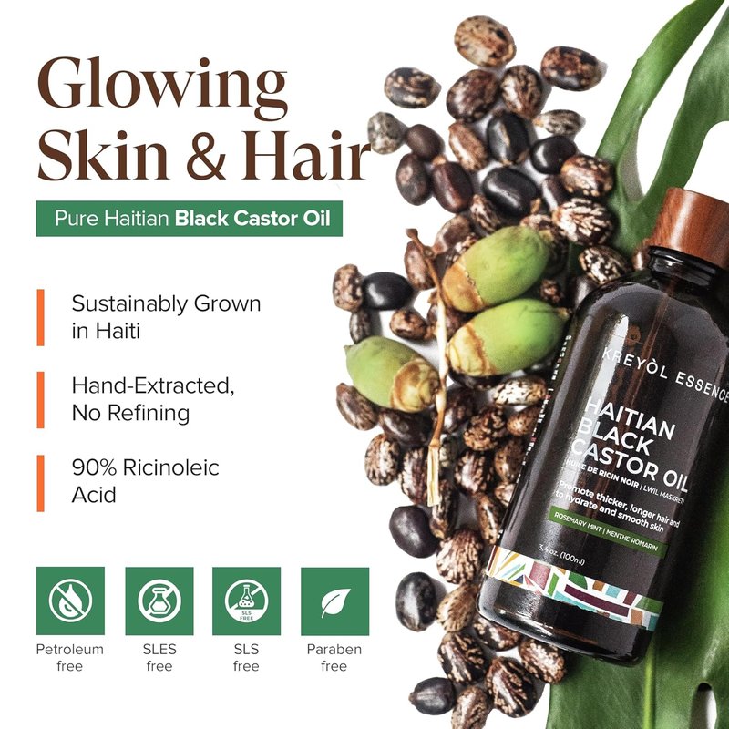 Haitian Black Castor Oil - Cold Pressed for Skin & Hair | Hexane Free, Natural Humectant | 3.4 Fl Oz - Rosemary Peppermint