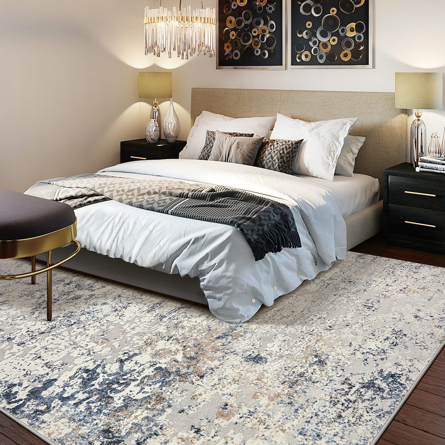Area Rug Living Room Rugs - 9x12 Abstract Large Soft Indoor Washable Rug Neutral Modern Low Pile Carpet for Bedroom Dining Room Farmhouse Home Office - Beige Blue