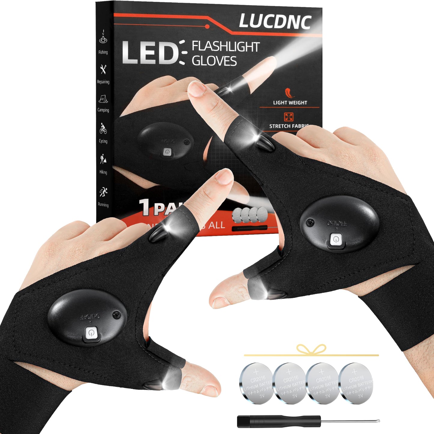 lucdnc Gifts for Men Stocking Stuffers for Adults LED Flashlight Gloves Cool Gadgets Tools Outdoor Hands Free Flashlights for Fishing Repairing Camping Unique Men Birthday Christmas Gifts