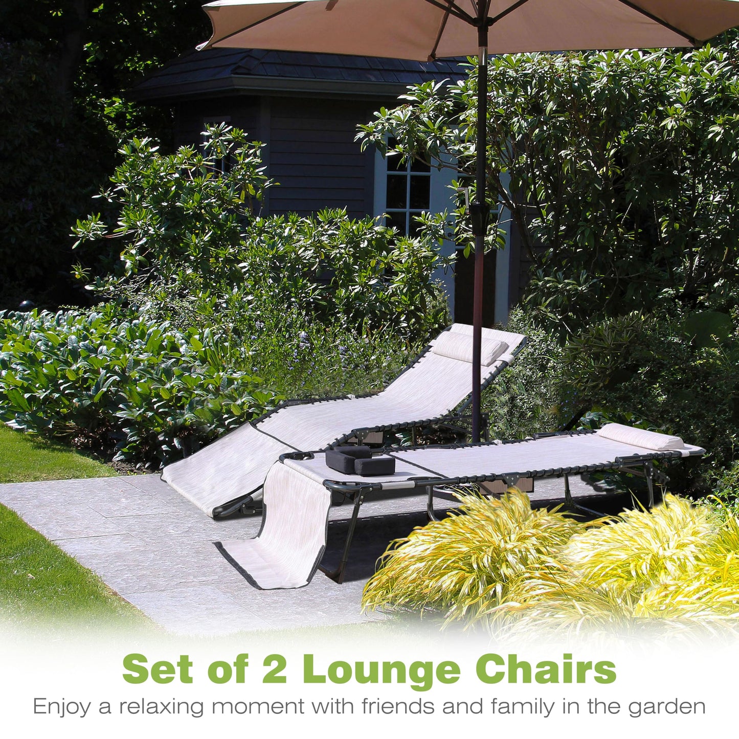 MUPATER Patio Chaise Lounge Chair Set of 2 for Outdoor, Adjustbale Backrest Portable Sun Lounger Recliner with Face Hole, Pillow & Pocket for Camping, Pool, Cream White