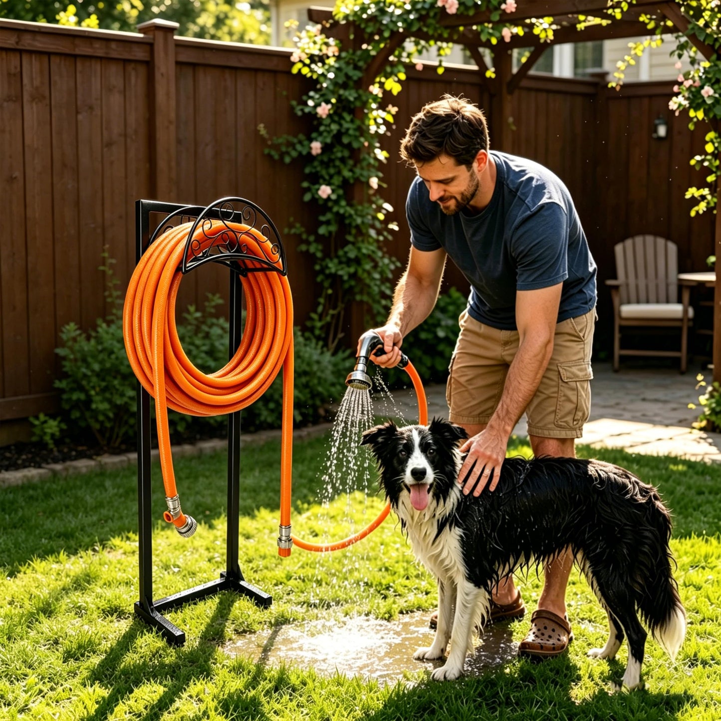 SYITCUN Garden Hose Holder, Heavy Duty Stainless Steel Garden Hose Reel with Triangle Reinforcement, Supports 150 ft Hose, 45-Inch Ergonomic Water Hose Stand for Outside, Black