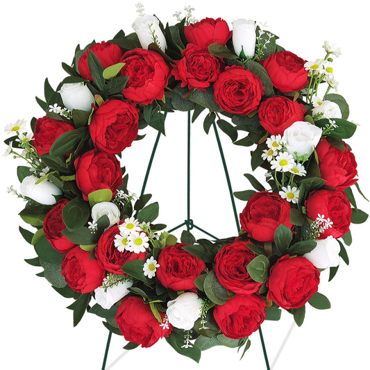 AILVEMEE Cemetery Wreaths for Graves,Christmas Wreath for Cemetery,Memorial Day Grave Wreath,Headstone Wreaths on Metal Stand,Spring Artificial Flower Wreath:Red Peony,White Rose