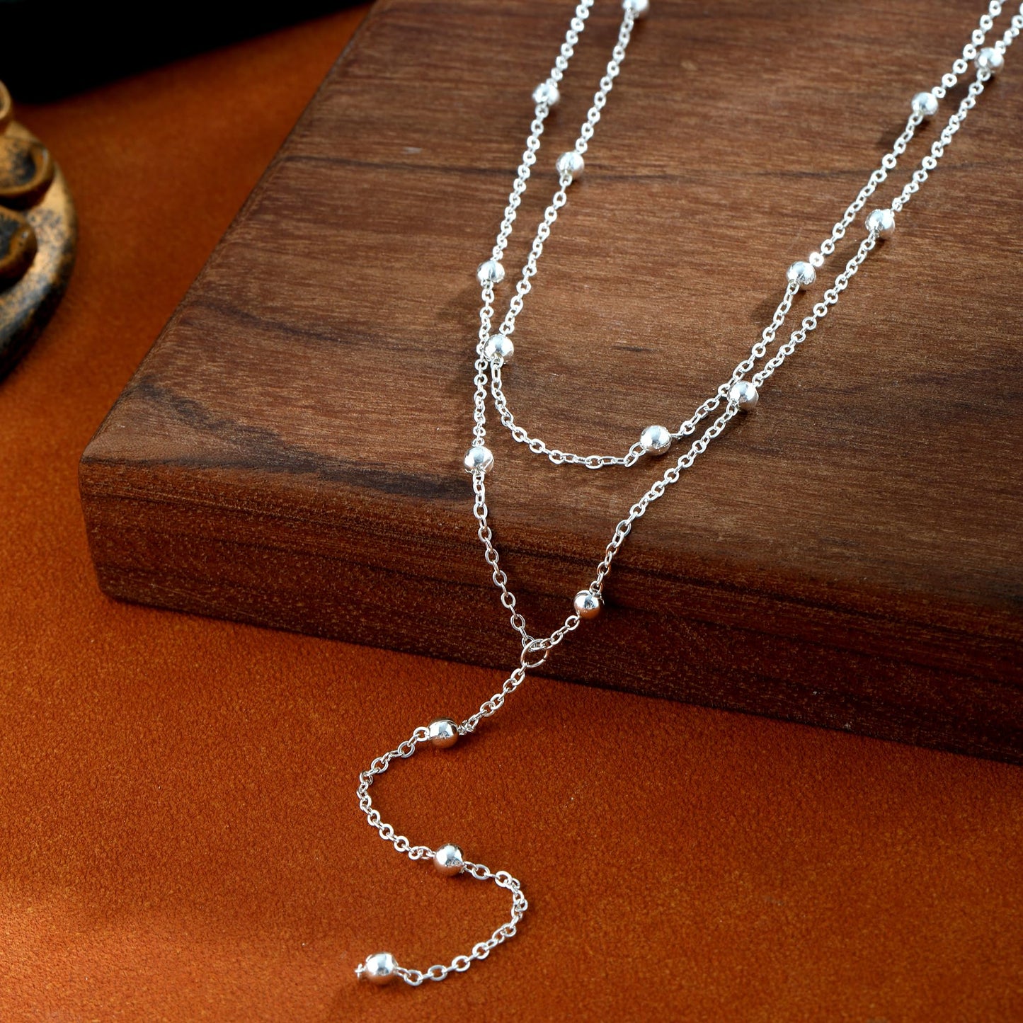 Lariat Silver Necklace for Women Waterprooof, Layered Long Necklace 14k Silver Plated Y-Shaped Beaded Chain Drop Necklace Body Chain Trendy Beach Accessories Fashion Silver Jewelry for Women Gift