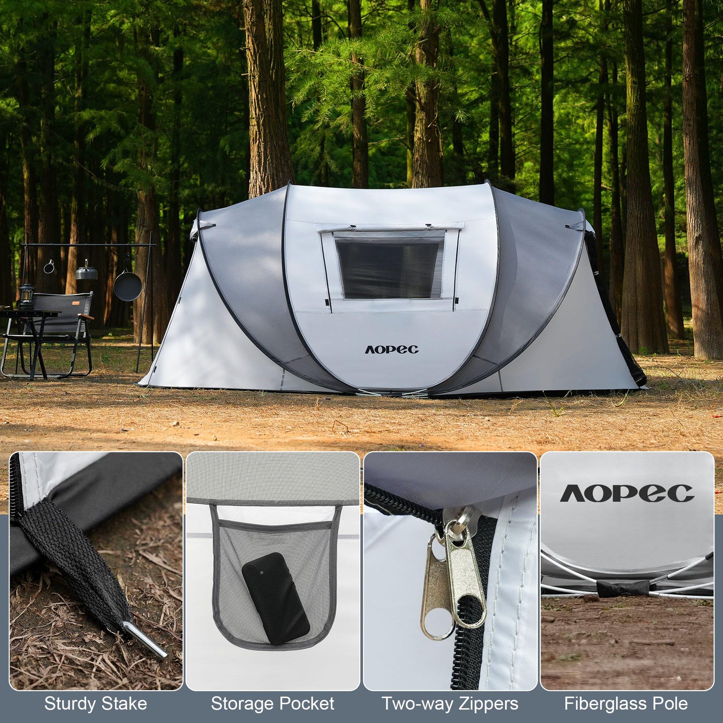 AOPEC Pop Up Camping Tent, 2/4/6 Person Instant Tent Waterproof PU4500mm, Spacious Ventilated Camping Tent with Front Porch, Quick Setup Lightweight Portable for Outdoor Camping Hiking Beach
