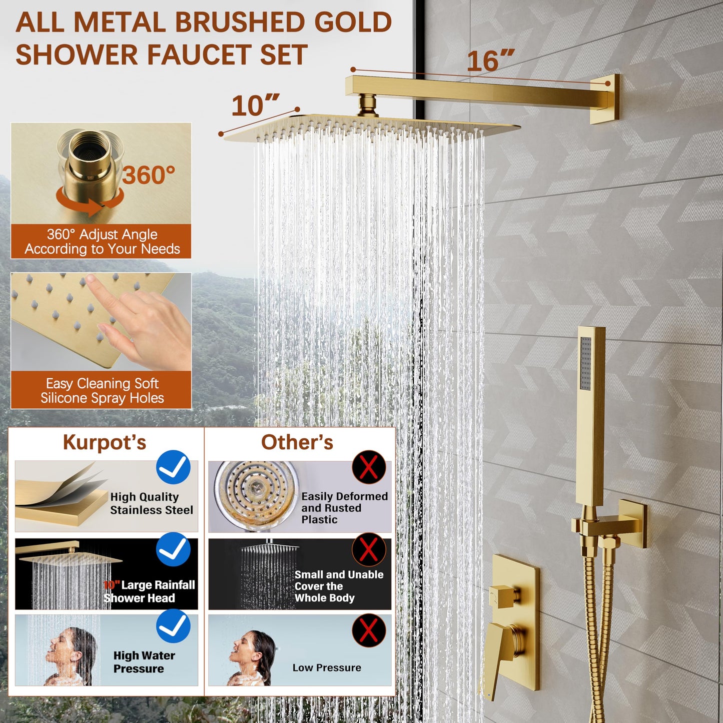 Kurpot Gold Shower System, 10'' Square Rainfall Shower Head with Handheld Combo Spray, Bathroom Brushed Gold Shower Faucet Set with Valve, 59'' Shower Hose, Shower Trim Kit and Diverter, Wall Mounted