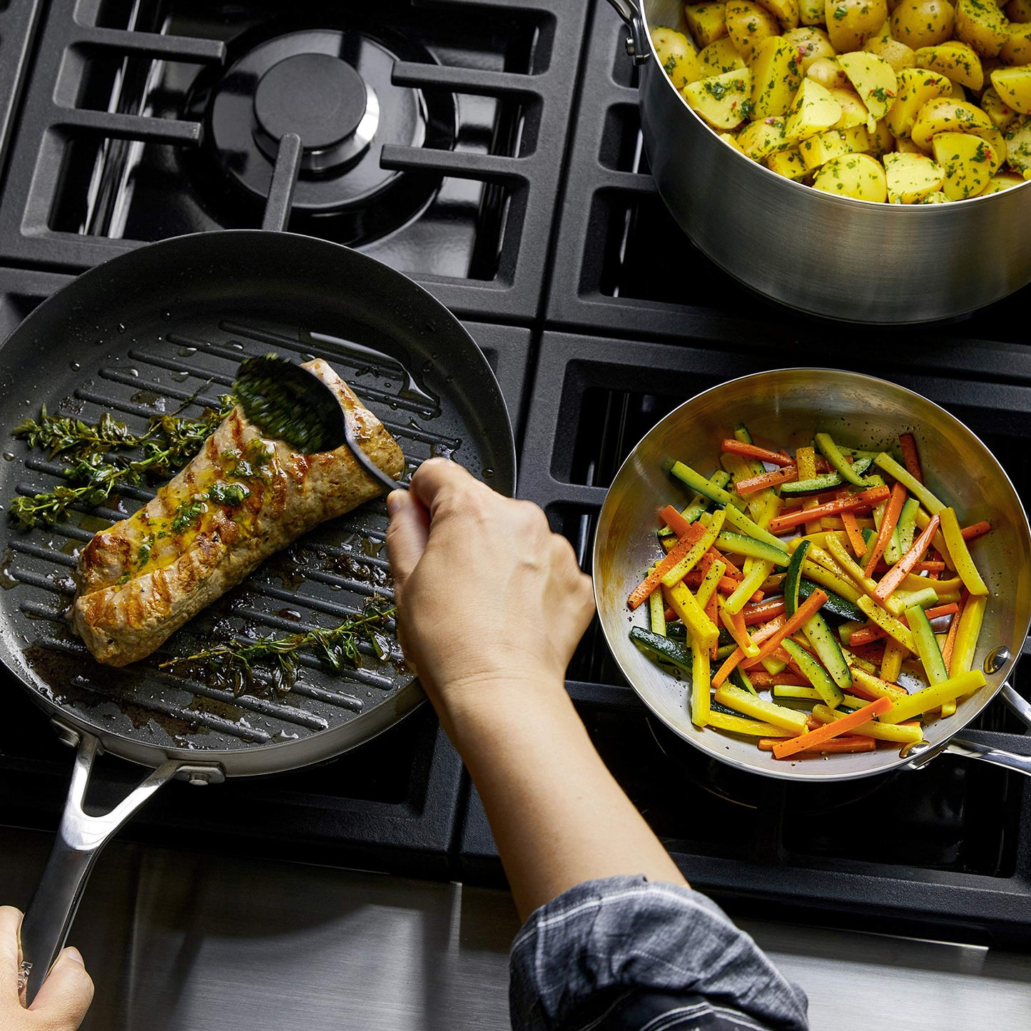 KitchenAid 3-Ply Base Brushed Stainless Steel Induction Pots and Pans Set with Nonstick Round Grill Pan and Lids, Dishwasher Safe, 10 Piece Cookware Set, Brushed Stainless Steel