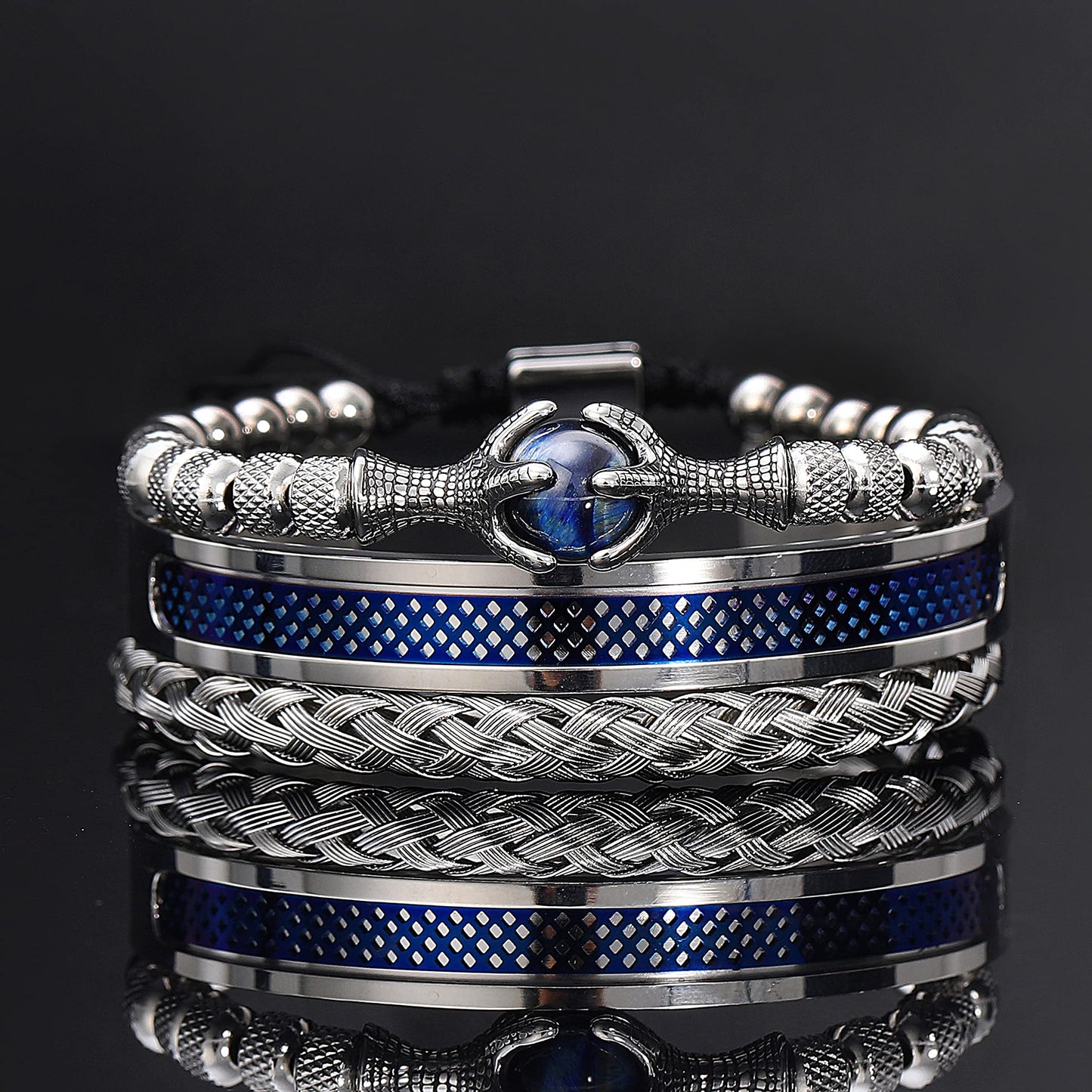 WFYOU 3PCS Stainless Steel Bracelets for Men Gold Roman Numeral Bangle Bracelet Twisted Cable Bracelet Adjustable Cuff Bracelet Mens Luxury Jewelry Bracelets Gifts(L:Blue)