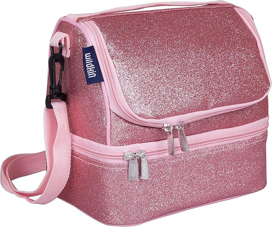 Wildkin Kids Two Compartment Insulated Lunch Bag – Keeps Food Hot or Cold, Easy-Clean Lining, Leak-Resistant & BPA-Free – Boys & Girls, Ideal for School, Travel & Daycare – Pink Glitter