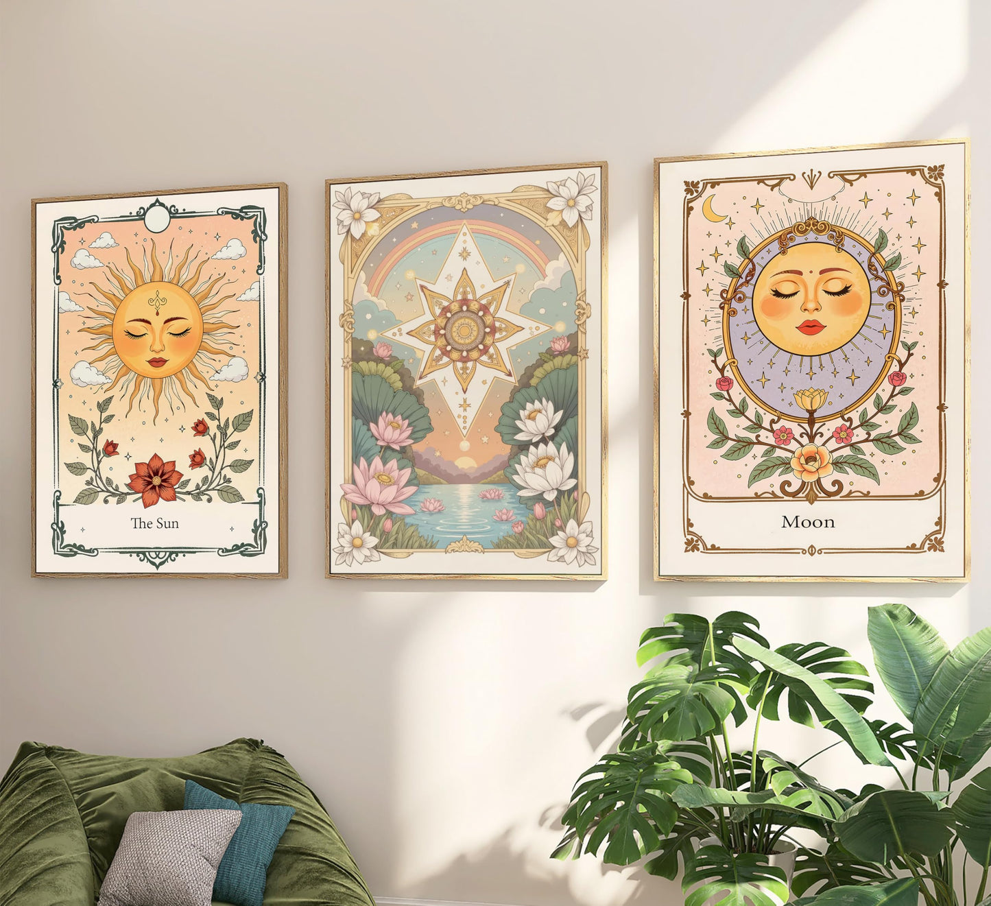 3pcs Sun And Moon Celestial Canvas wall art Tarot Astrology Paintings Pictures Wall Decor Boho Lotus Floral Posters Prints Artwork for Living Room Bedroom Dorm Apartment Home Decoration Unframed