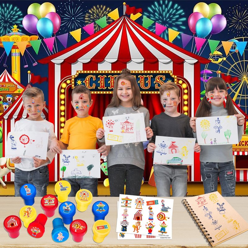 INKSOMOBA 36 PCS Carnival Party Favors for Kids - 24 Temporary Tattoos & 12 Circus Themed Stamps - Ideal Goodie Bag Fillers, Birthday Rewards, Classroom Prizes for Boys & Girls