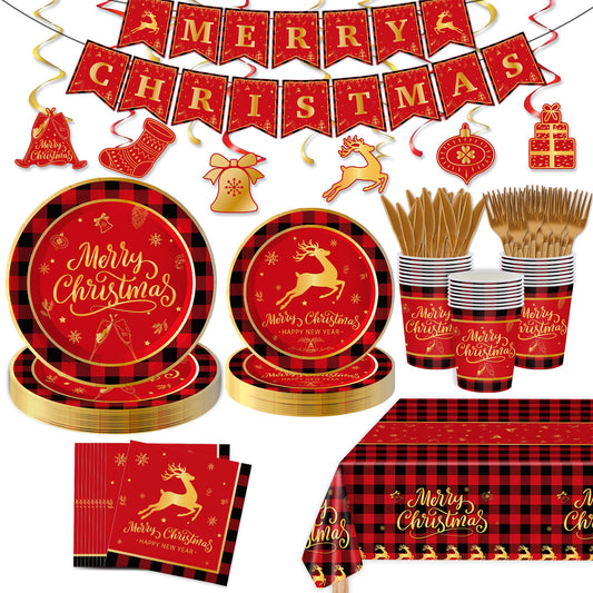 123PCS Christmas Party Supplies for 20 Guests Merry Christmas Themed Paper Plates Napkins Tablecloth and Banner Dessert Xmas Deer Party Decorations New Year Festival