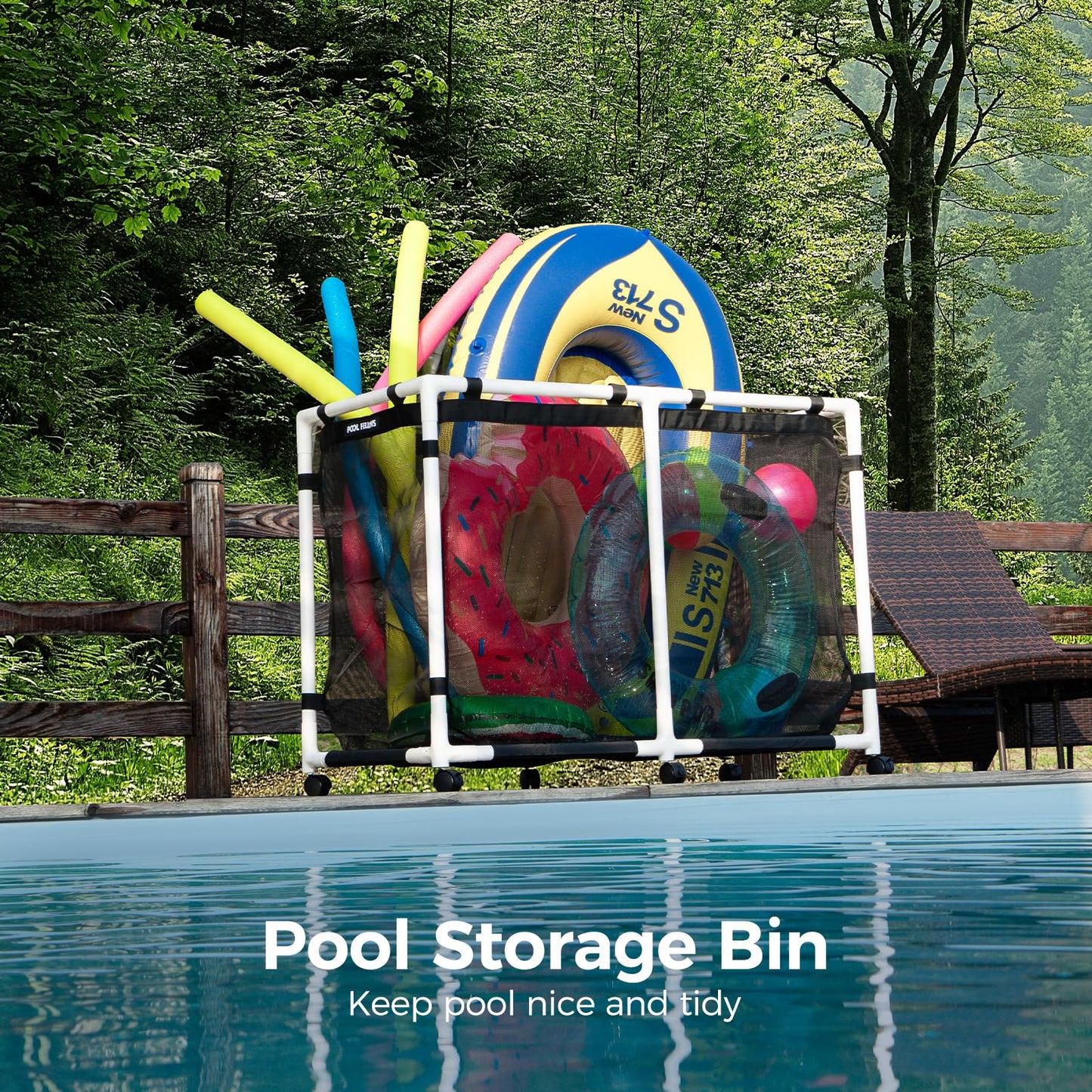 POOL FELLOWS Pool Storage Bin, 45 Gallons, Holder for Noodles, Toys, Floats, Towels, Mesh Organizer for Swimming Equipments, Mini Style