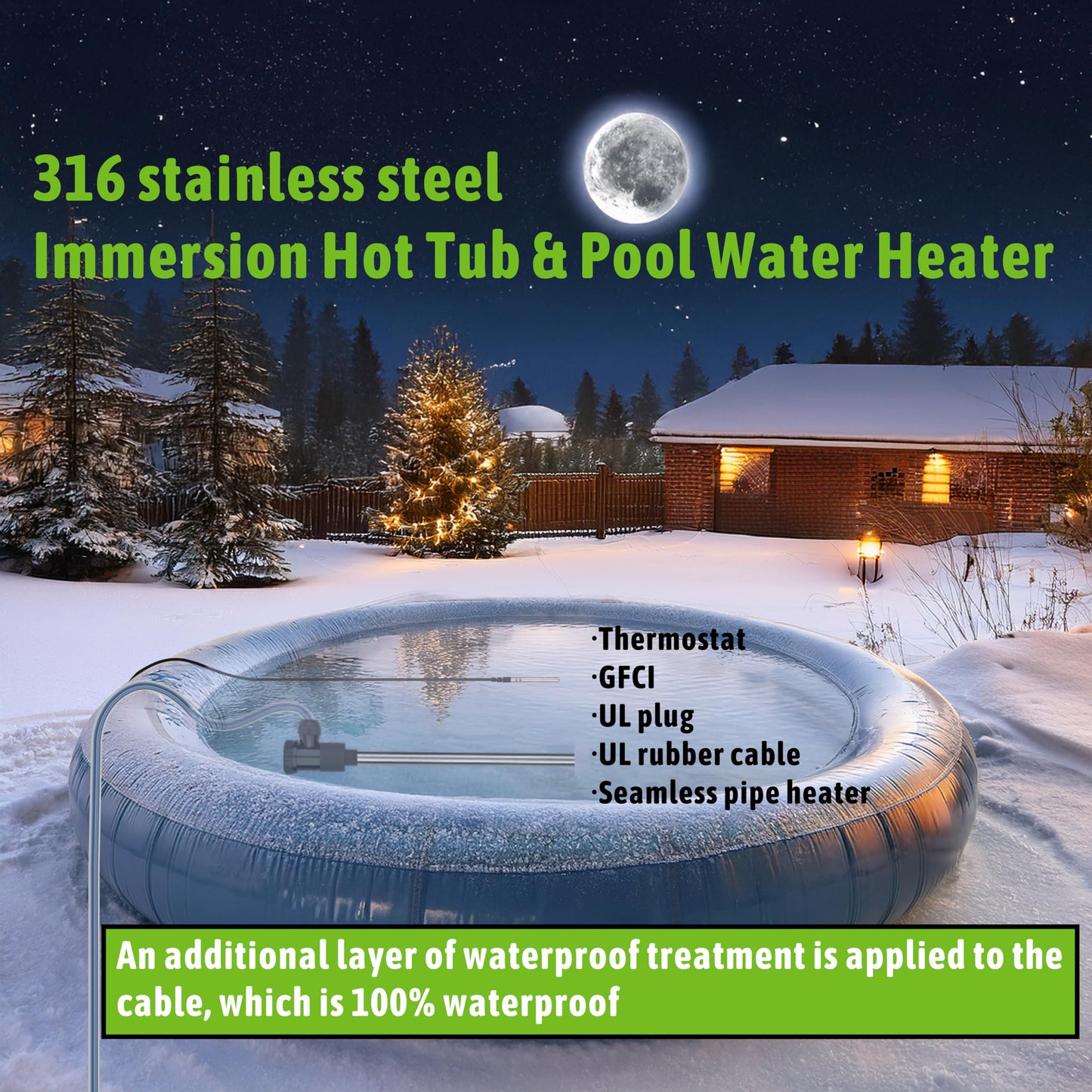 LINGLONGTEMP 1500W Submersible Hot Tub & Pool Portable Electric immersion Water Heater with temperature control and GFCI for Swimming Pools, Bathtubs, Baptistry, above ground pool & inflatable pool