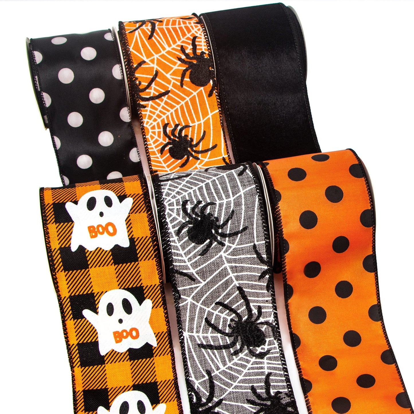 Ribbli Halloween Ribbon Wired,6 Rolls Orange and Black Halloween Ribbon 2.5 Inch Total 90 Feets(30 Yards), Ghost/Spider/Polka Dot/Black Velvet Ribbon for Crafts,Wreaths,Party Decoration