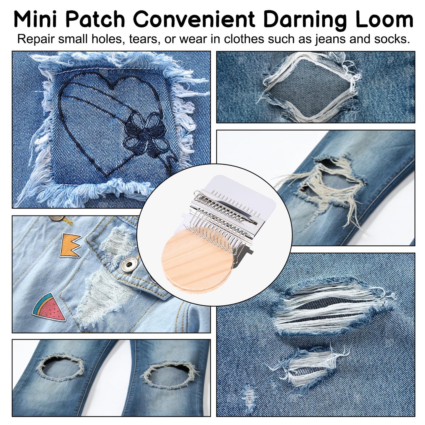 Mini Darning Looms Kit for Beginners, 14-Hook Wooden Weaving Tool with Stainless Steel Needles, Portable Knit Patch Repair Kit for Jeans Clothes Tapestries Scarves
