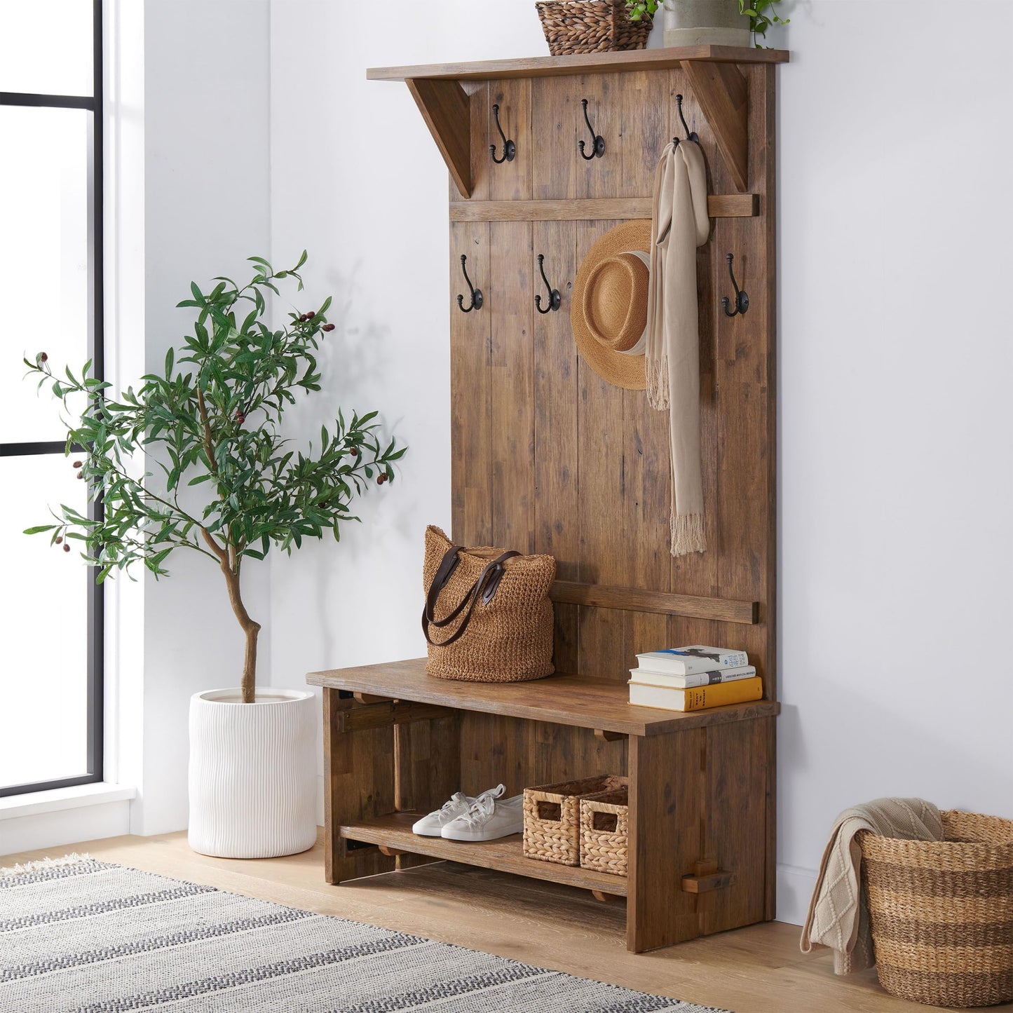 Alaterre Furniture Bethel Hall Tree with Bench – Rustic 70-Inch Entryway Organizer with 7 Metal Double Coat Hooks, Solid Wood Bench and Storage Shelves for Mudroom or Hallway (Natural Aged Brown)