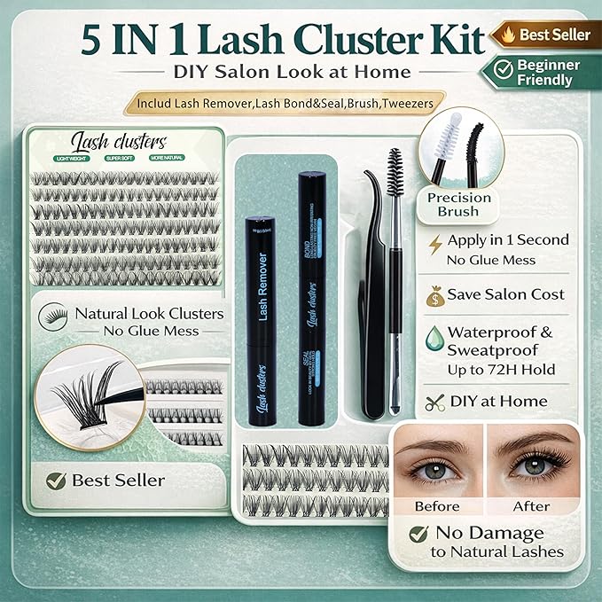 Wispy Lash Clusters Kit 640pcs Eyelash Cluster Extensions Curl Individual False Eyelashes Natural Fluffy Mink Lash Extension Kit (Lash Clusters-50D+60D KIT, Lash Clusters)