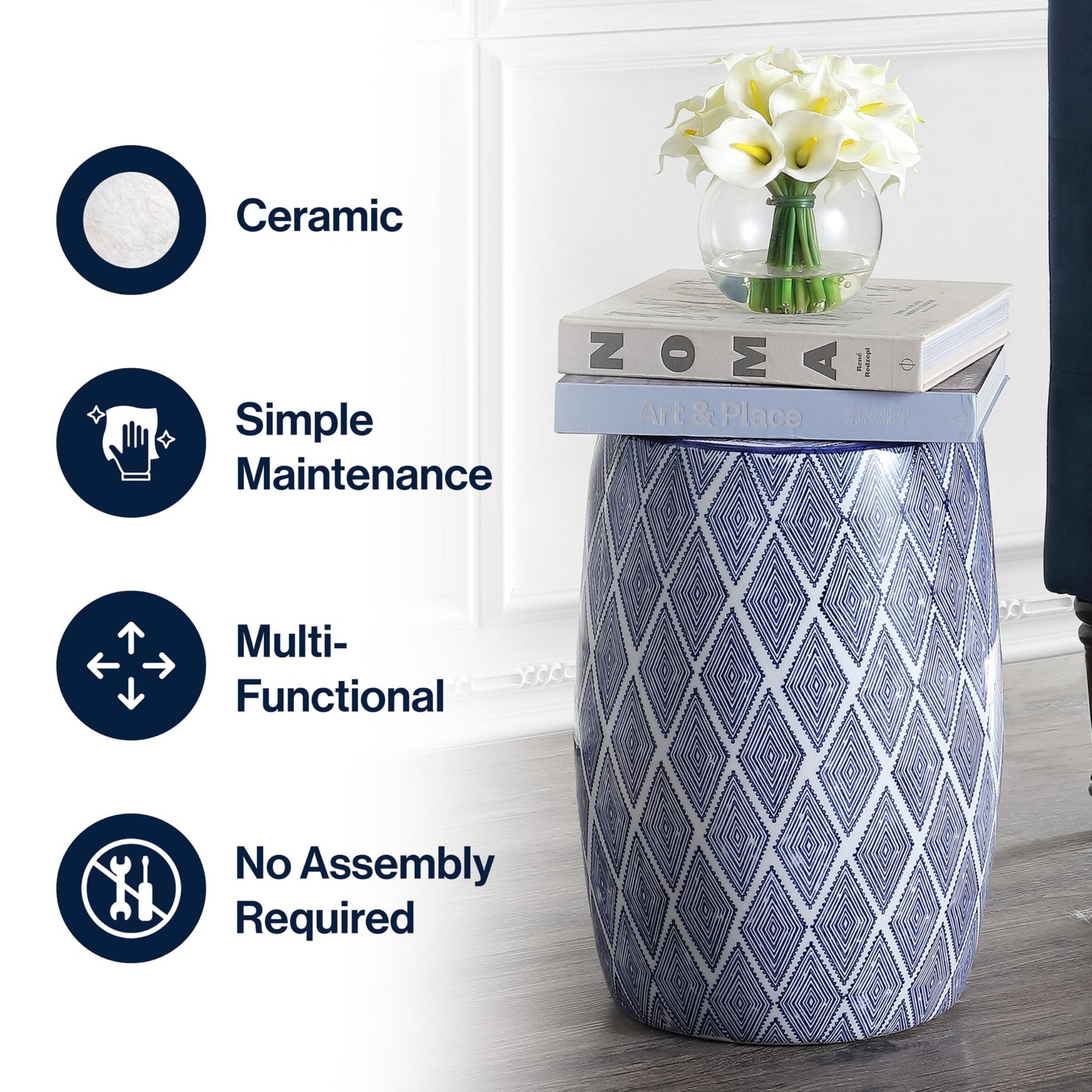 JONATHAN Y TBL1019A Moroccan Diamonds 18" Ceramic Drum Indoor/Outdoor Garden Stool, Coastal, Contemporary, Side Table, Plant Stand, Spill-Proof, Living Room, Garden Room, Patio, Blue/White