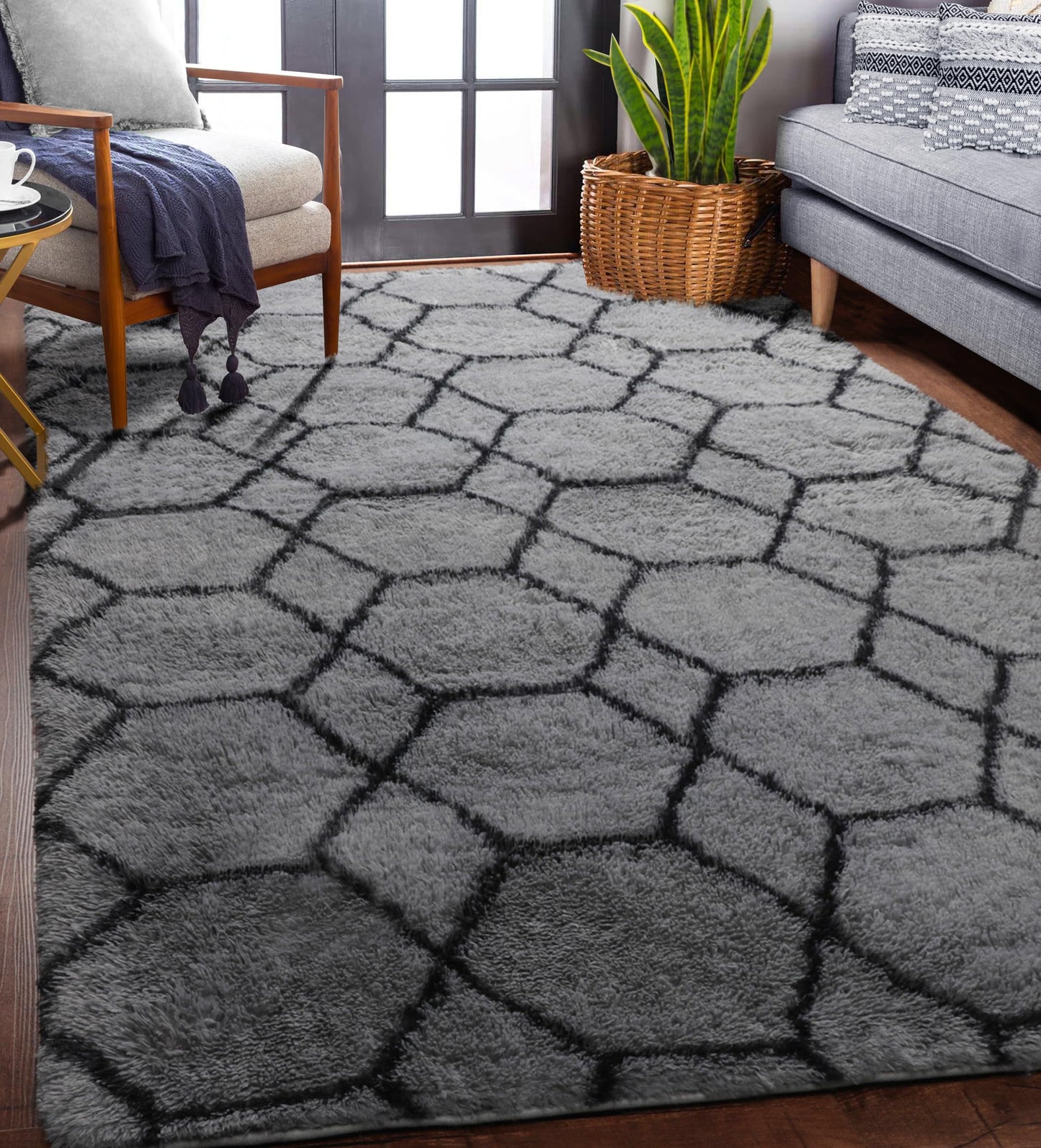 ONASAR Area Rugs for Bedroom Living Room, 4x6 Fluffy Grey and Black Rug, Shaggy Geometric Floor Mat for Home Decor Aesthetic, Soft Plush Fuzzy Carpet for Nursery Kids Teen Dorm