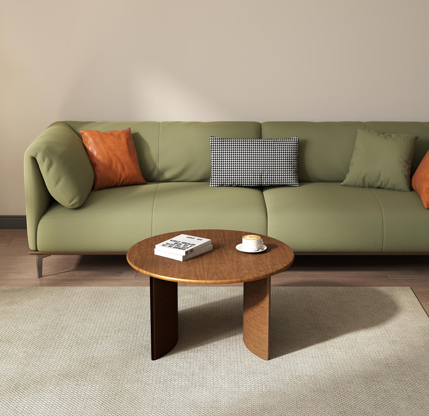 31.5" Mid Century Modern Coffee Table for Living Room, Round Table with Rubber Legs, Small Unique Cocktail Tea Table for Living Room Bedroom Apartment Small Space, Walnut