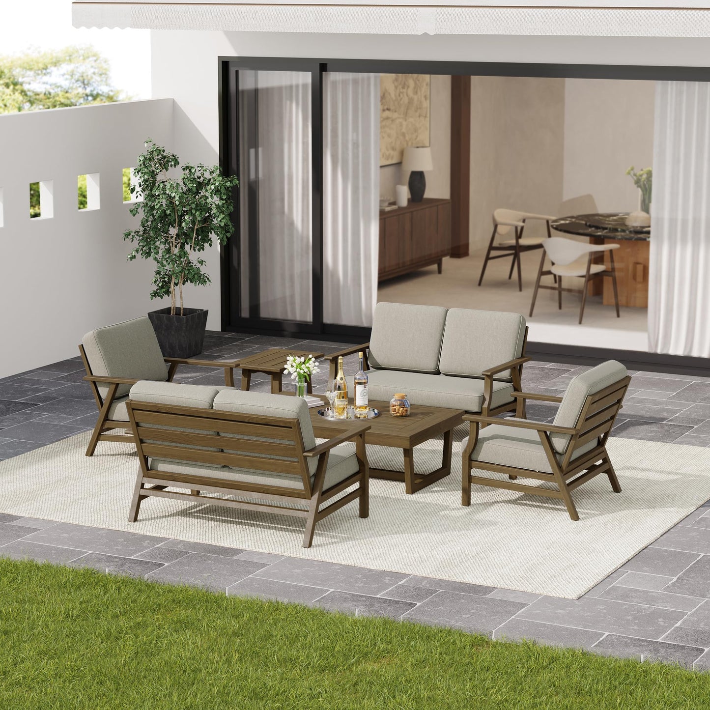 UIXE 6 Pieces Outdoor Patio Furniture, Wood Outdoor Sectional Furniture Patio Sofa Conversation Sets with Bistro Chairs, Coffee Table - Light Camel