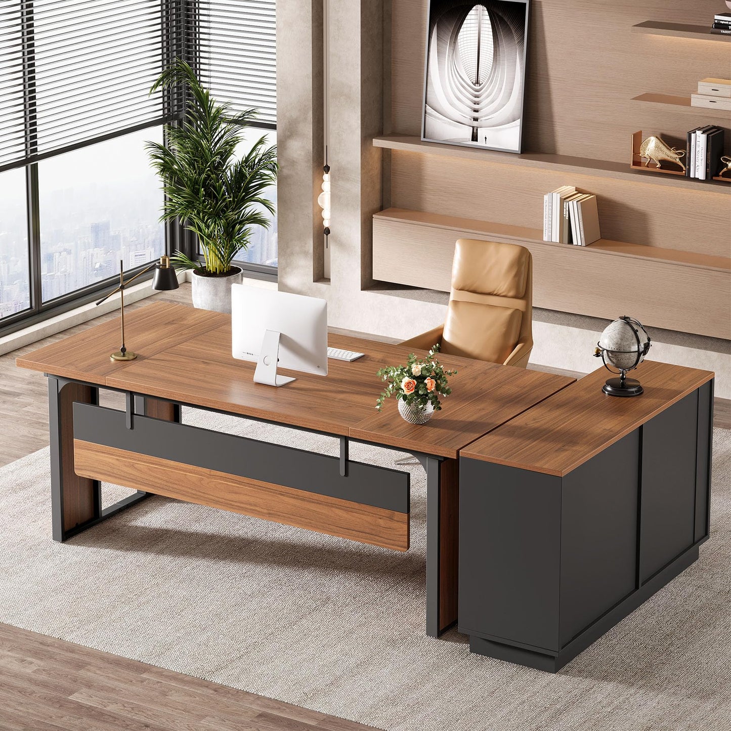 Tribesigns 63‘’ L-Shaped Executive Desk, Office Table with 47-Inch Drawers Cabinet, Large Computer Desk with Storage Shelves, Business Furniture Set for Home Office, Brown & Black