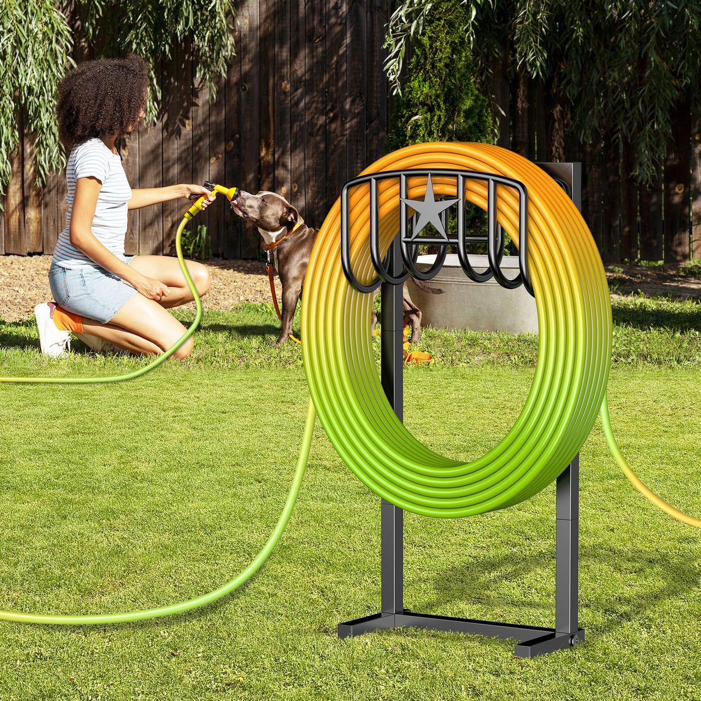 Mogaath Garden Hose Holder, Heavy Duty Freestanding Metal Stand, 165FT Garden Hose Storage with 4-Spike Stable Base, Rustproof Water Hose Holder for Outdoor Yard Lawn Garden Black
