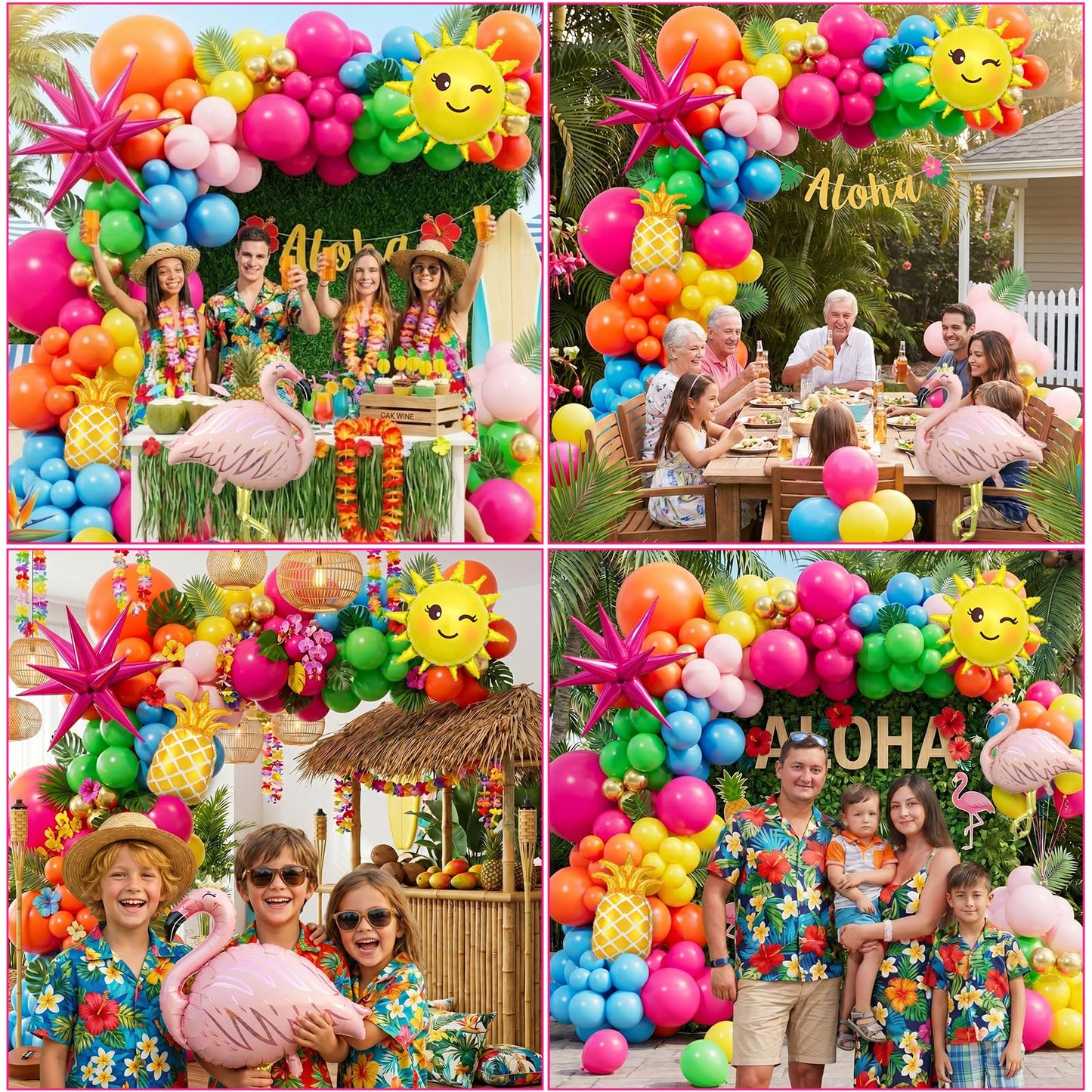 Flamingo Tropical Luau Balloon Arch Garland Kit, Hot Pink Green Yellow Blue Orange Gold Hawaiian Flamingo Pineapple Foil Balloons, Palm Leaves for Summer Beach Aloha Pool Birthday Party Decorations