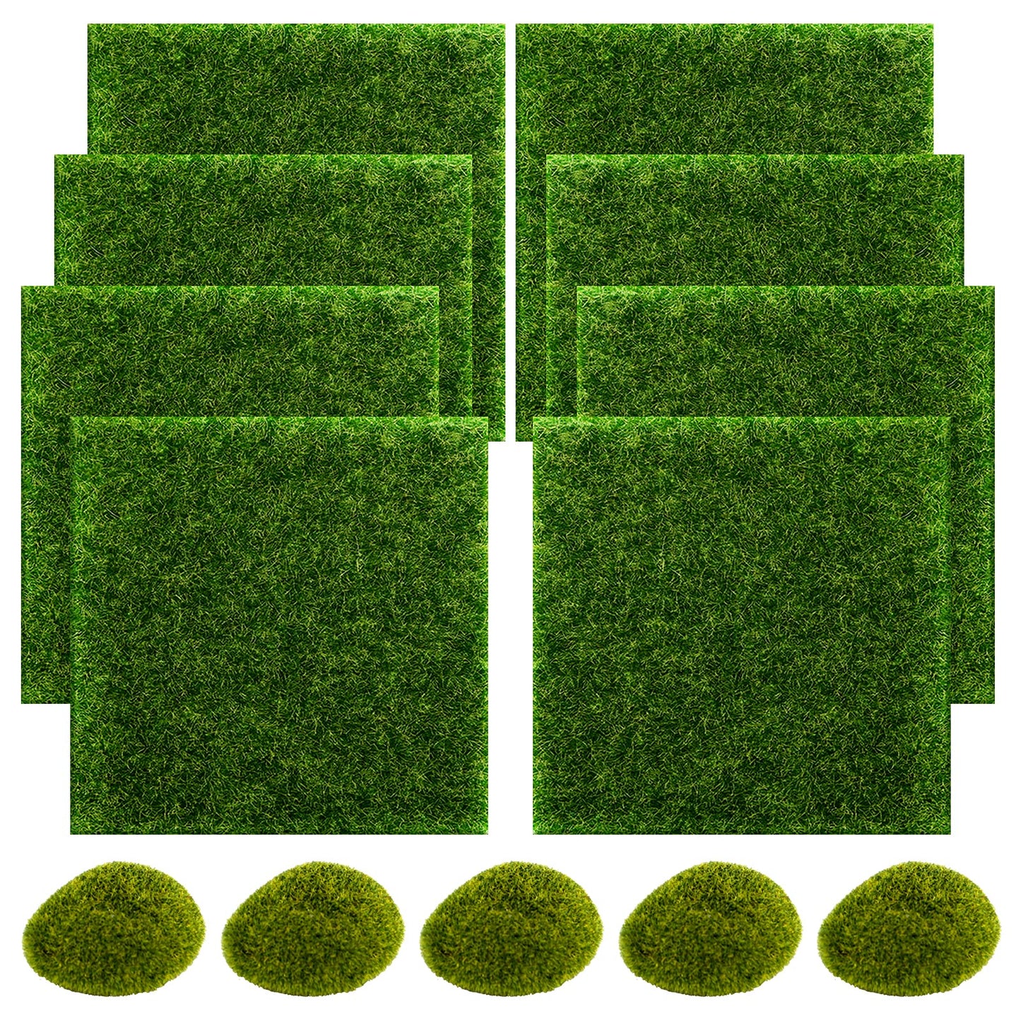 SNAIL GARDEN 13PCS Fairy Artificial Grass, 8Pack Life-Like Garden Lawn with 5Pcs Artificial Moss Rocks-Miniature Ornament Garden Fairy Accessories for DIY Decoration(6 x 6 Inch)