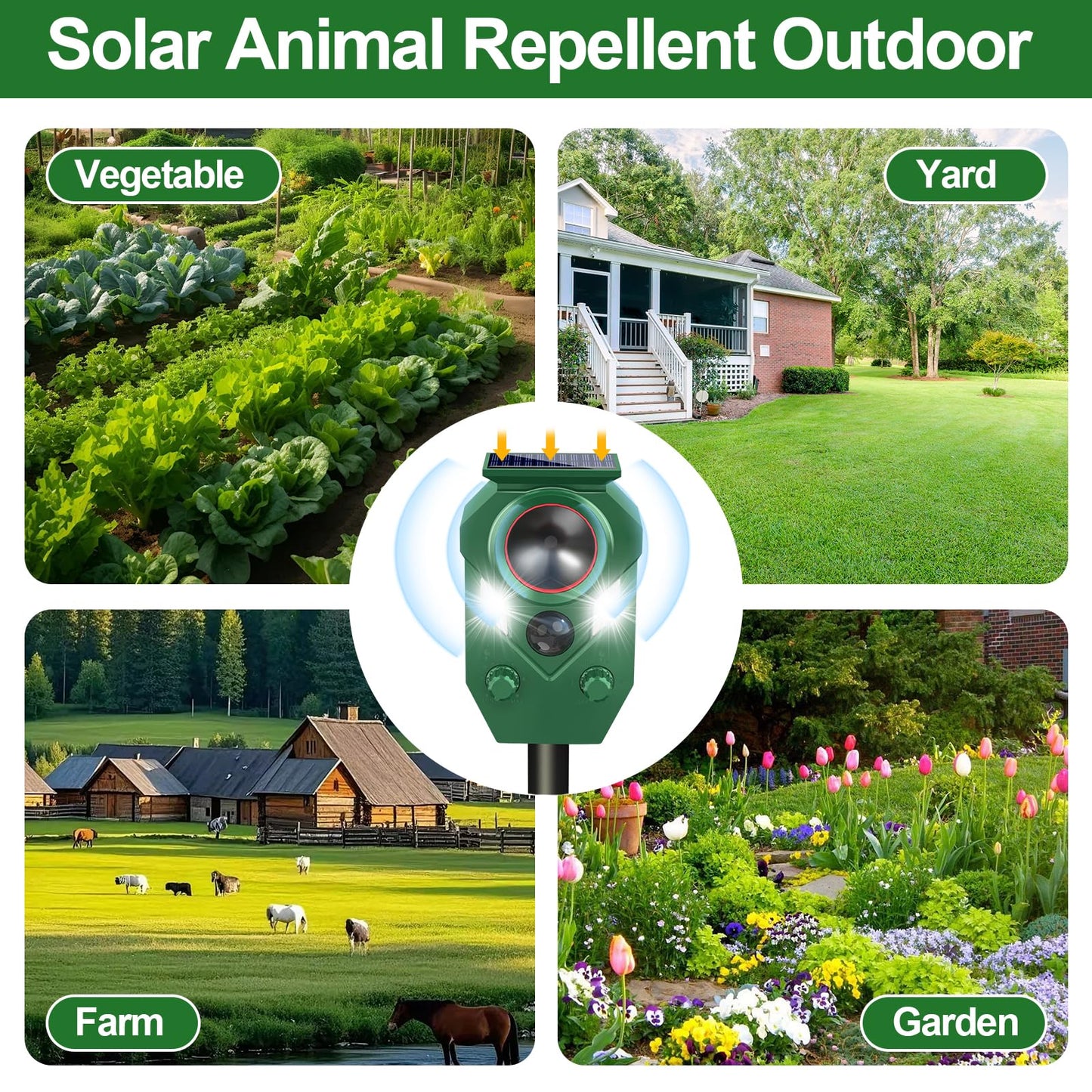 Ultrasonic Animal Repeller Outdoor - Cat Repellent & Deterrent with PIR Sensor & Flashing Light,Solar Powered Deer Repellent for Squirrels, Raccoons, Skunks,Rabbits,and Dogs, IP65 Waterproof （2 Pack）
