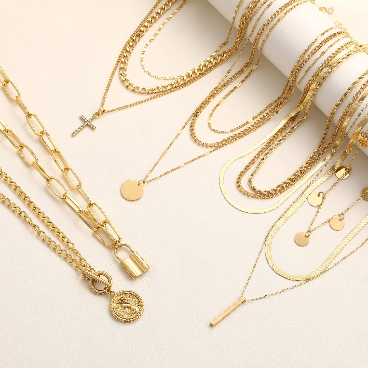 FAXHION 68 Pcs Gold Jewelry Set for Women with 7 Necklace, 17 Bracelet, 5 Hoop Earrings, 15 Stud Earrings, 24 Knuckle Rings for Women Jewelry Set for Women