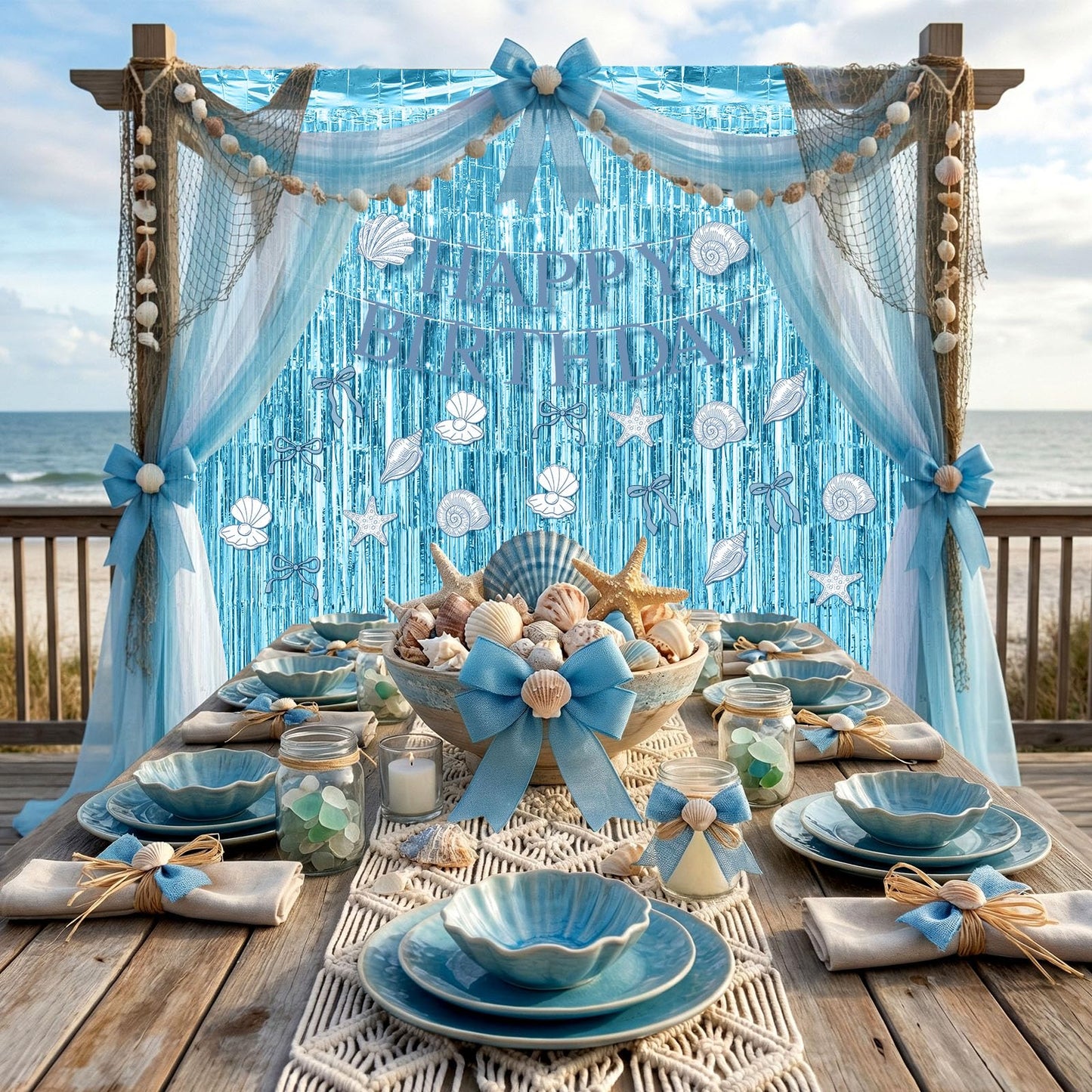 Epakh 39 Pcs Coastal Blue Bow Starfish Seashell Party Decorations Includes 24 Pcs Paper Cards Decor 13 Happy Birthday Banner 2 Foil Fringe Curtain Backdrop for Ocean Photo Prop Party Supplies