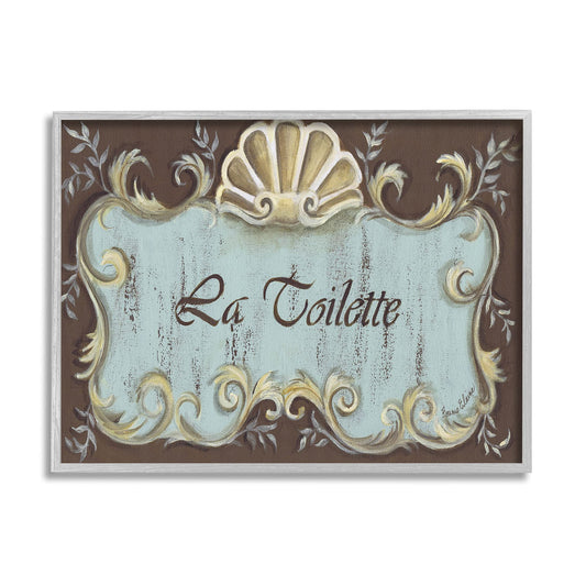 Stupell Industries La Toilette Aqua and Brown Scallop Shell Crest, Design by Bonnie Wrublesky Gray Framed Wall Art, 16 x 20