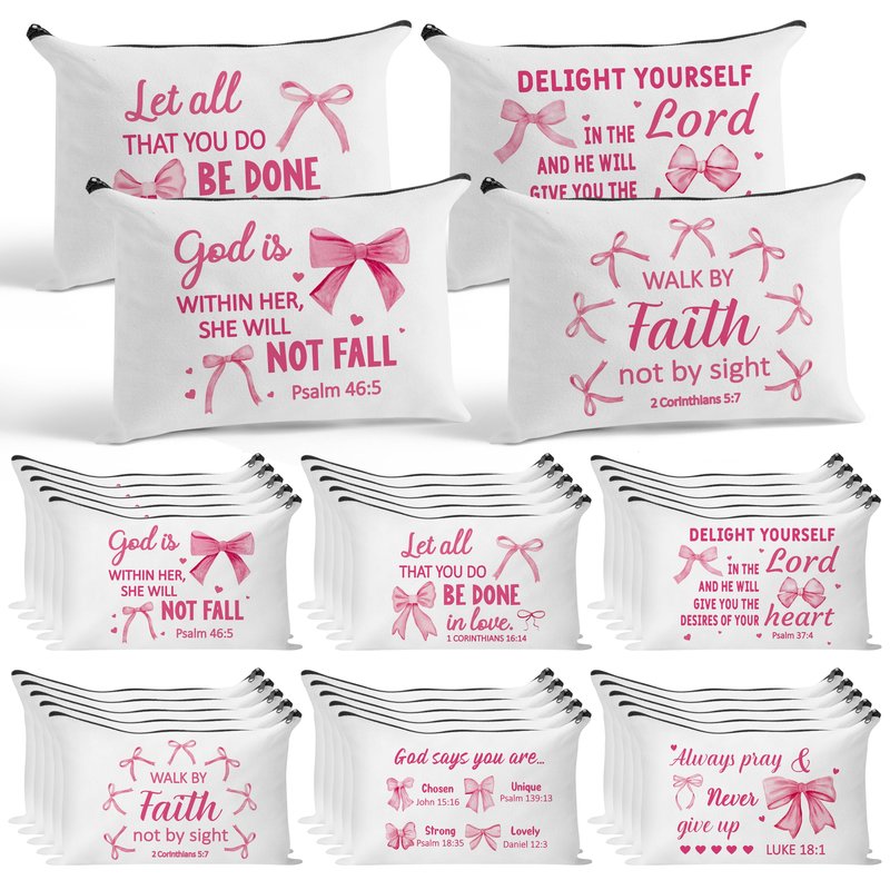 Y1tvei Bow Bible Cosmetic Bags - 30Pcs Pink Coquette Mini Bible Verse Makeup Bag with Zipper, White Canvas Large Capacity Cosmetic Bags Set Gifts Bulk for Women Girls Inspirational Church Party Favors
