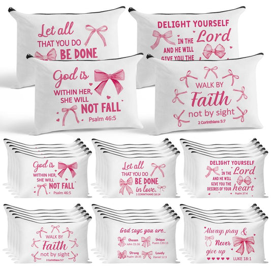 Y1tvei Bow Bible Cosmetic Bags - 30Pcs Pink Coquette Mini Bible Verse Makeup Bag with Zipper, White Canvas Large Capacity Cosmetic Bags Set Gifts Bulk for Women Girls Inspirational Church Party Favors
