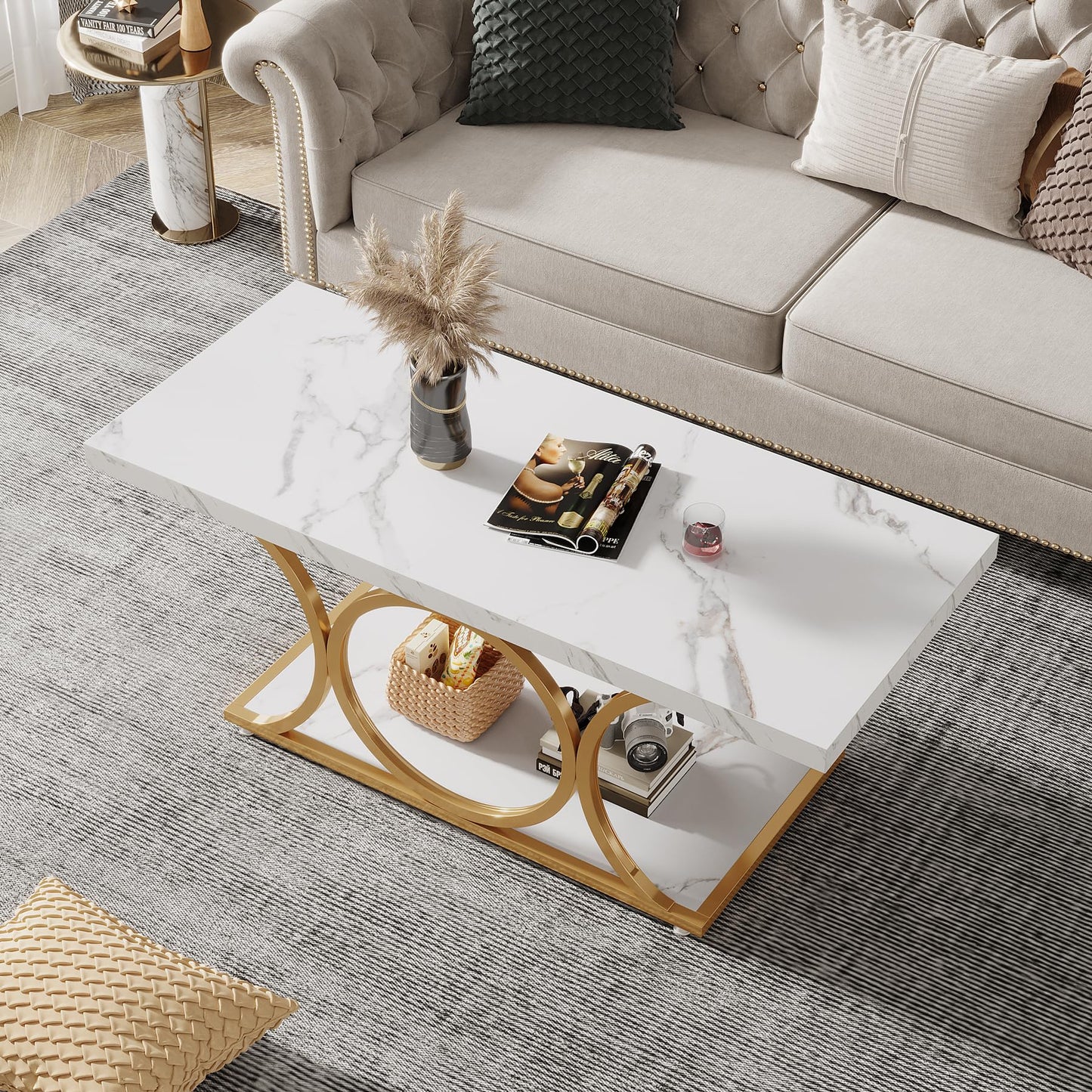 Tribesigns 46.45” Rectangle Coffee Table, Modern Coffee Tables for Living Room, 2-Tier Faux Marble Wood Coffee Table with Geometric Legs, Furniture with Storage Shelf (White & Gold)
