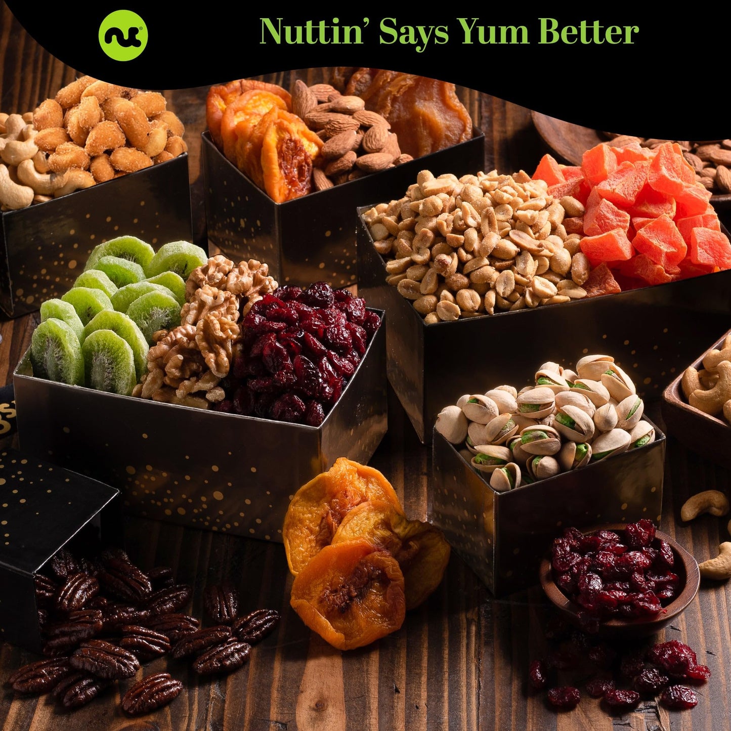 NUT CRAVINGS - Mothers Day Treats, Dried Fruit & Mixed Nuts Gift Basket, Black Tower + Heart Ribbon (12 Assortments) Food Arrangement, Healthy Snack Care Package, Kosher