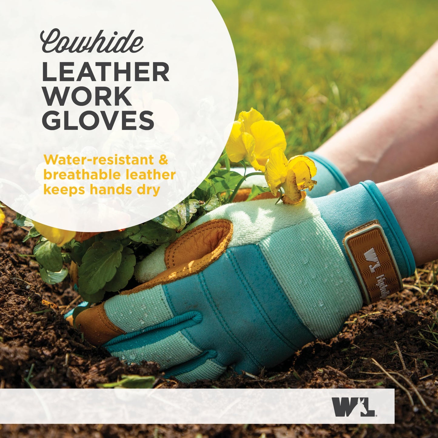 Wells Lamont Women's HydraHyde Leather Hybrid Gloves – Water-Resistant, Durable Cowhide Palm, Spandex Stretch Back – Ideal Landscaping/Farming/Gardening Gloves – Adjustable Wrist– Medium, Blue (3250M)