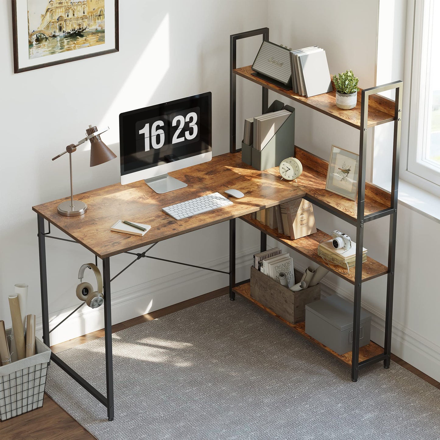 CubiCubi Computer Corner Desk with Storage Shelves, 47 Inch Reversible L Shaped Desk with Bookshelf, Home Office Writing Desk with Hooks, Small L Study Table, Rustic Brown