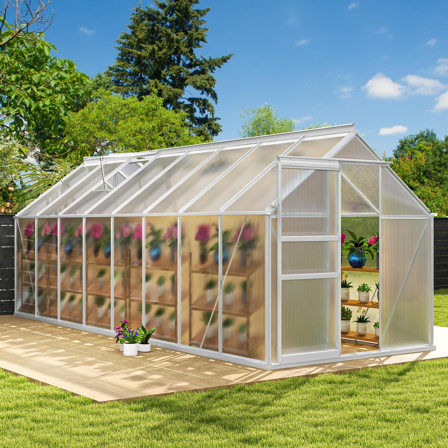 DWVO 6x16FT Polycarbonate Greenhouse Heavy Duty Green Houses Outdoor Aluminum Greenhouses with Sliding Doors Vent Window Walk-in Greenhouse Large Sun House for Garden Backyard, Matte Sliver