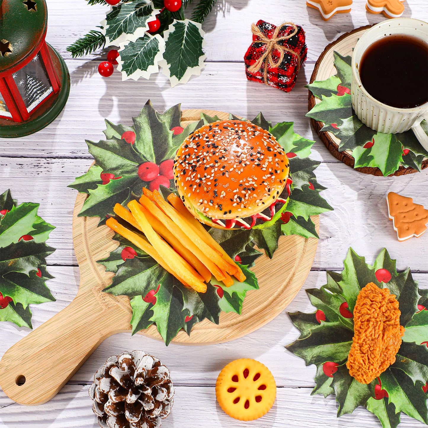 Trandraft 100 Pcs Christmas Parchment Paper Holly Berry Leaves Cheese Paper 6 Inch Double Sided Xmas Disposable Charcuterie Paper for Kitchen Holiday Party Decorations Table Plate Food Serving